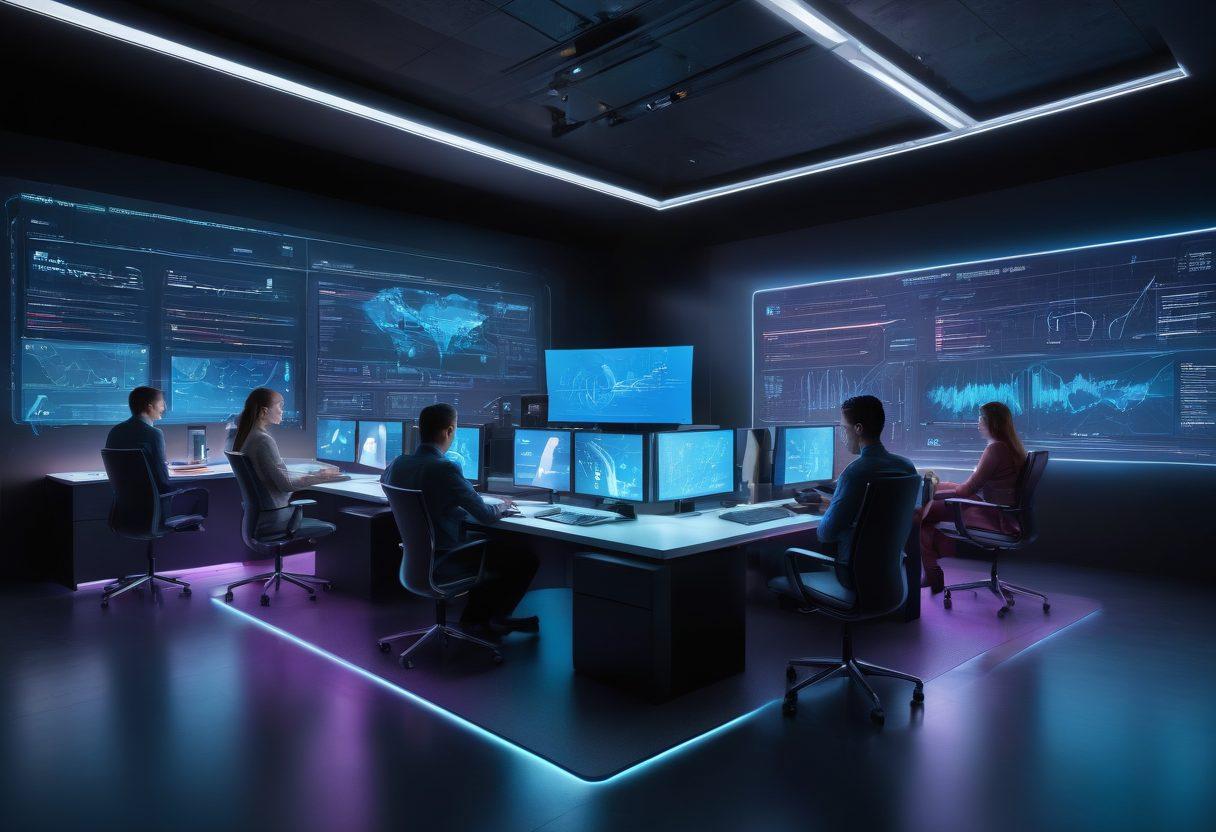 A futuristic workspace filled with various tech gadgets and devices in action, showcasing a diverse group of people analyzing reviews and trends on multiple screens. Emphasize sleek design, vibrant colors, and a dynamic atmosphere that reflects innovation and collaboration in technology. Include elements like charts, graphs, and futuristic interfaces. super-realistic. vibrant colors. 3D.