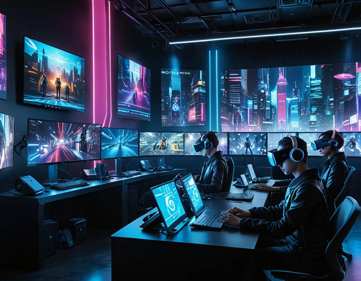 A vibrant and futuristic scene depicting a diverse group of tech enthusiasts engaging with cutting-edge gadgets and displays of the latest technology innovations. The background showcases a digital cityscape with holograms and bright screens, reflecting the theme of technological advancement. Include elements like AI robots, VR headsets, and stylish laptops to captivate the geek culture. The overall tone should be vibrant and energetic, inviting readers into a world of tech exploration. cyberpunk. vibrant colors. 3D.