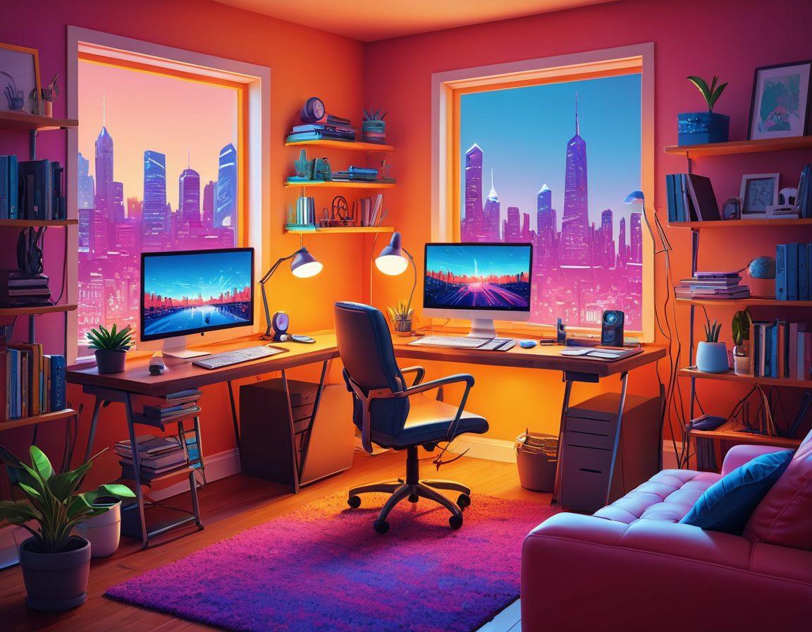 A whimsical illustration of a vibrant digital landscape, featuring a cozy home office filled with tech gadgets, books, and a glowing computer screen. Prominently display diverse characters, showcasing different hobbies like coding, gaming, and creating art, all engaging with their passions. The background should be a colorful cityscape filled with futuristic elements, symbolizing the digital world. Incorporate playful geek-inspired icons like consoles, programming code, and design tools. vector art. vibrant colors.